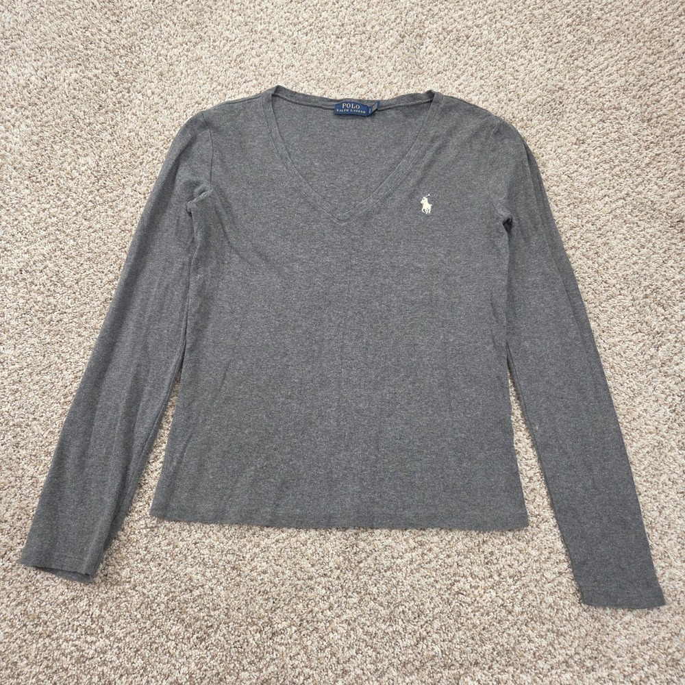 Polo Ralph Lauren Womens Gray V Neck Long Sleeve T Shirt Top White Pony Size S